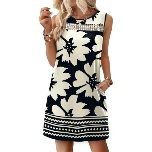 Women’s Black & White Lace Tank Dress Sleeveless Loose Fit Dress with Pockets - Picture 1 of 6